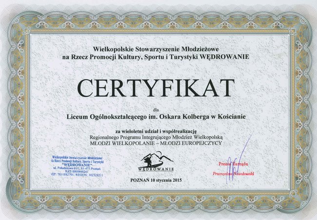 Certyfikat dla szkoły